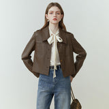 Female Retro Short Pu Leather Coat - WOMONA.COM