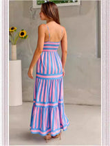 Summer Striped Printed Suspender Long Dress - WOMONA.COM