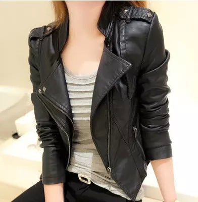 Slim-fit Stand-collar Ladies Rivet Leather Jacket - WOMONA.COM