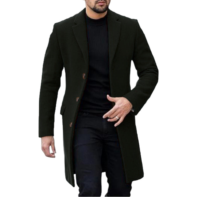 Men's single-breasted wool overcoat, black, notched lapel, button front.