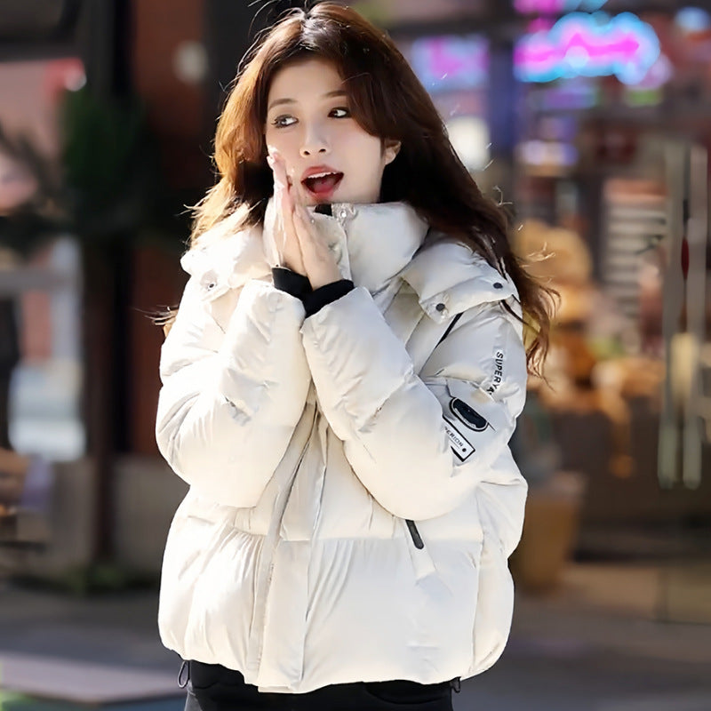 Thermal cotton-padded jacket, off-white, hooded with zip and quilted panels.