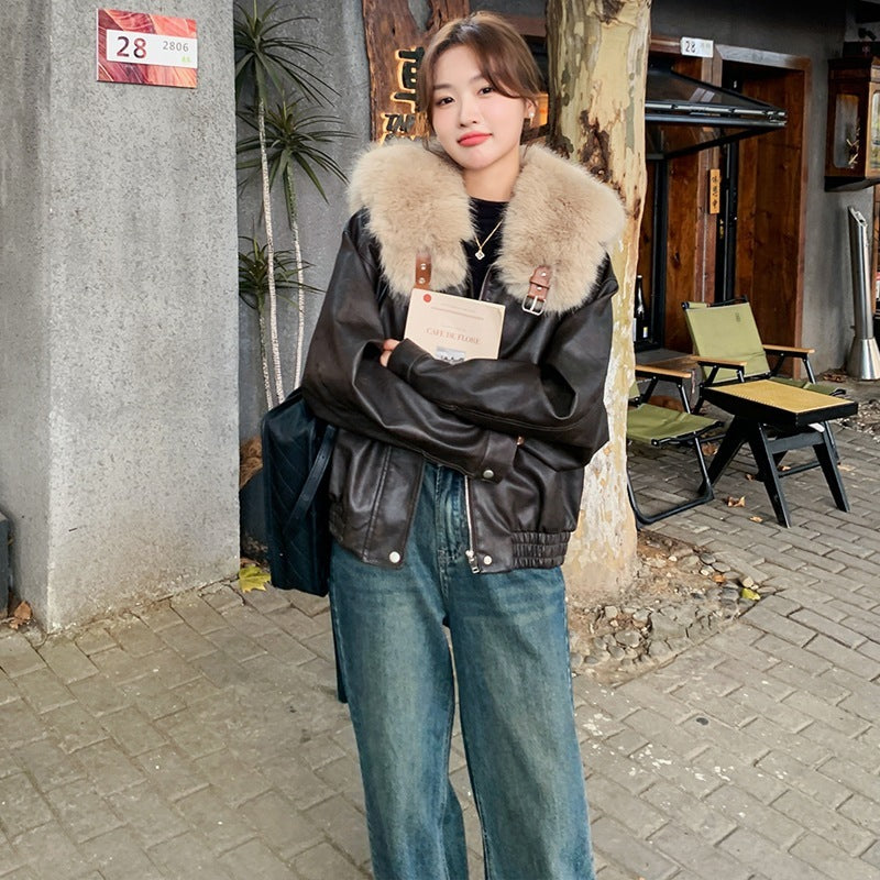 Real Shot Brown Rabbit Fur Liner Leather Jacket - WOMONA.COM