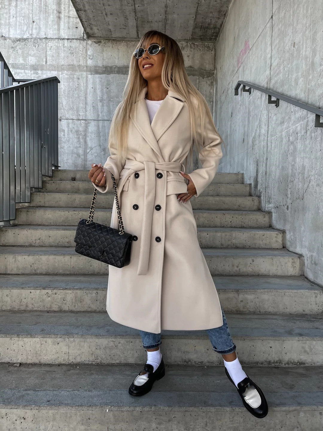 Women's double-breasted belt-detail long coat