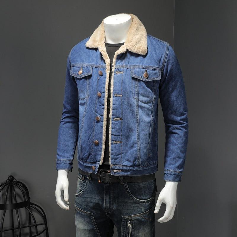 Fleece-lined blue denim jacket with sherpa collar, button front, and chest flap pockets