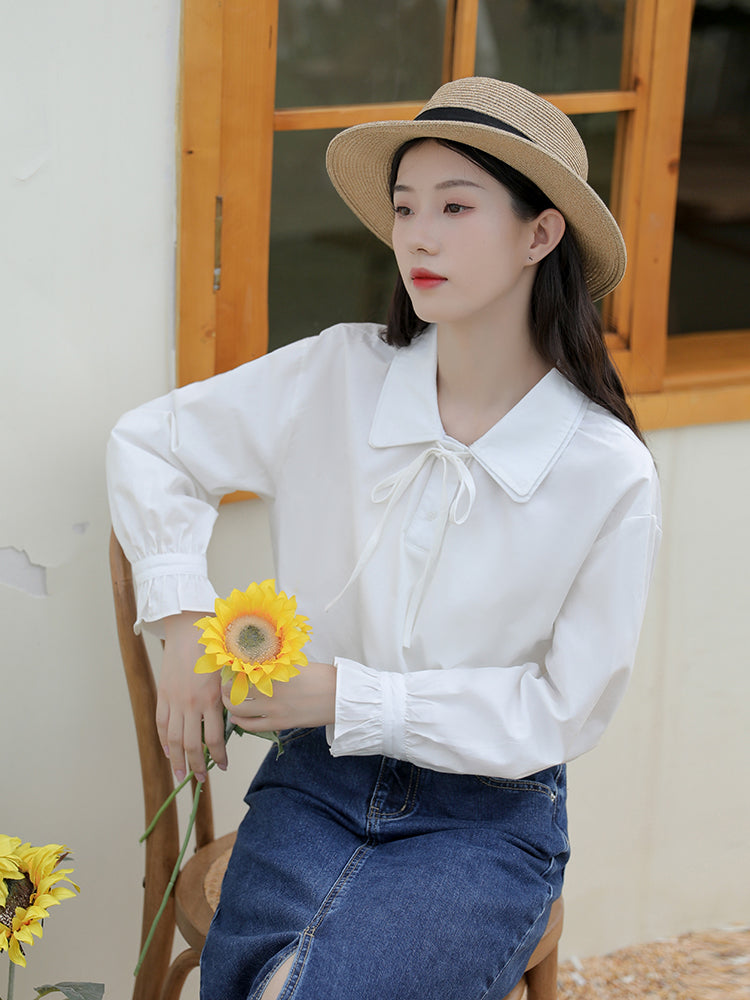 Literary White Long-sleeved Shirt Women - WOMONA.COM