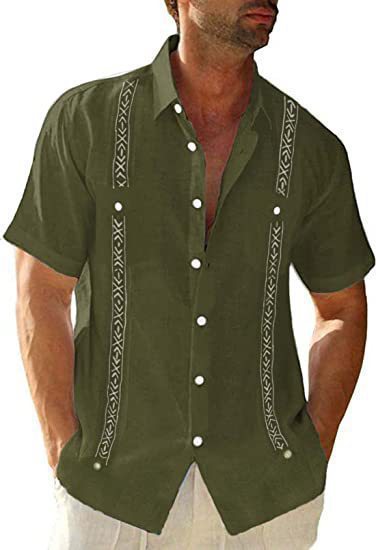 Men's 3D-printed short-sleeve button shirt in olive green with white embroidered panels
