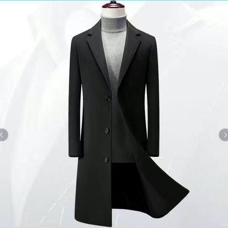 Men's slim-fit trench coat, black with notched lapels and front button closure