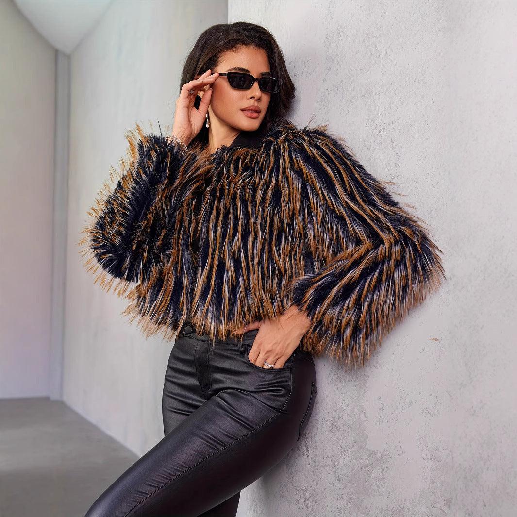 Faux fur short coat in navy blue with tan and black striped texture, open front