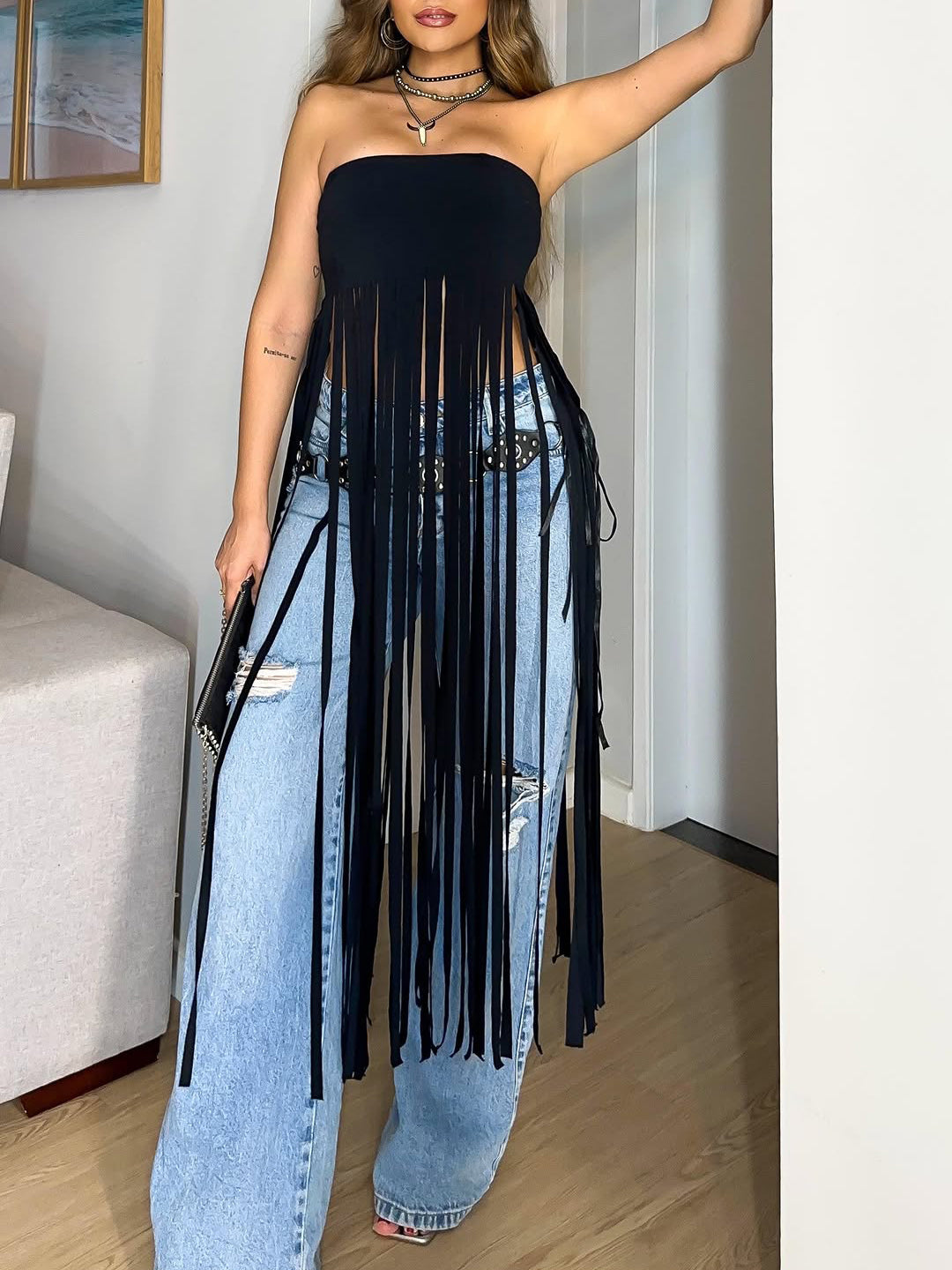 Black Bandeau Fringe Longline Top – product image 1