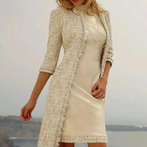 Women's French-Style Tweed Coat & Midi Dress Set