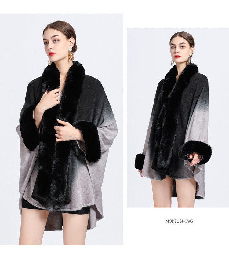 Rabbit Fur Collar Shawl Cape Knitted Cardigan Baggy Coat - WOMONA.COM