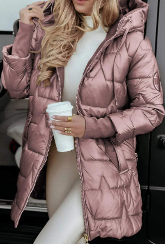 Pink hooded mid-length puffer coat with three zipper fronts