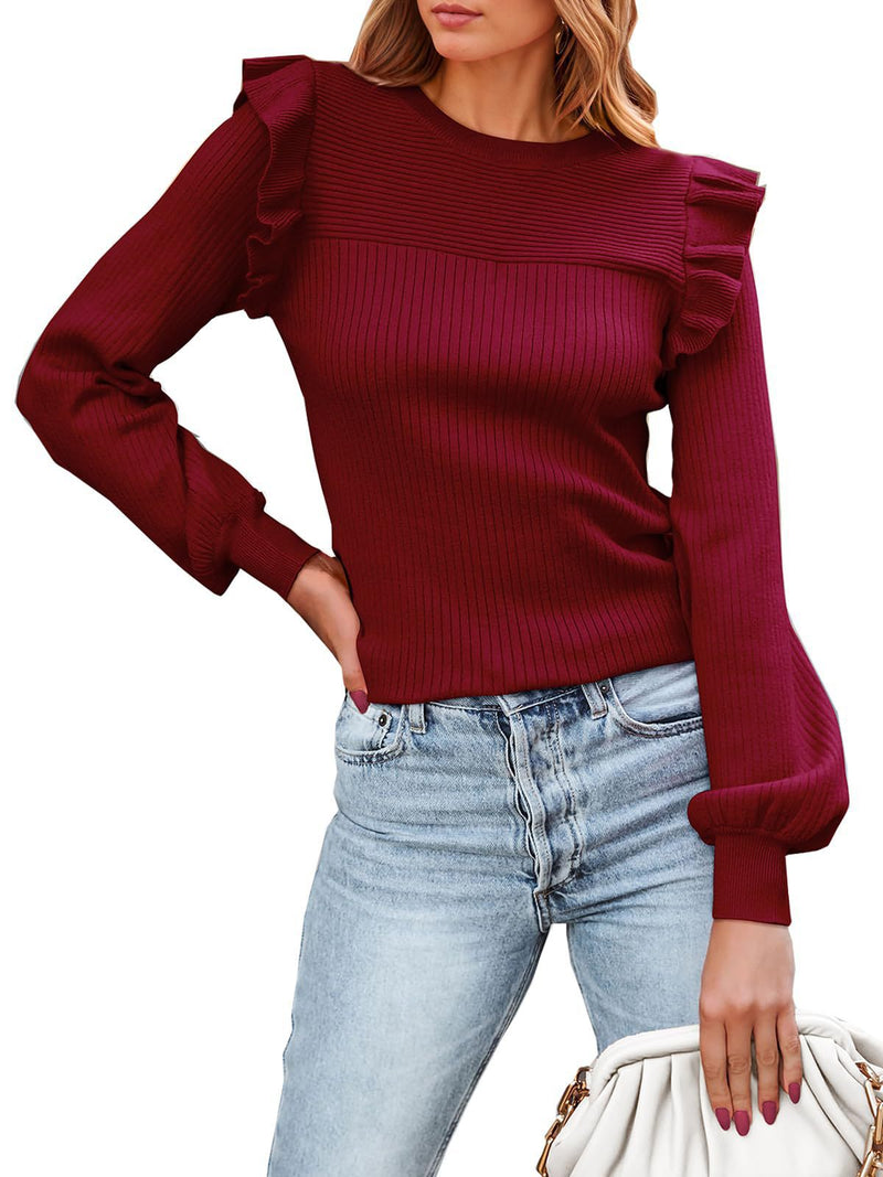 Ruffled Shoulder Long Sleeve Round Neck Slim Rib Knitted Sweater - WOMONA.COM