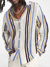 Striped Multi-color Contrast Color Casual Cardigan Sweater - WOMONA.COM