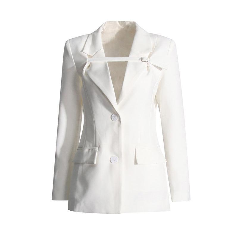 Women’s white patchwork blazer jacket with structured lapels and flap pockets