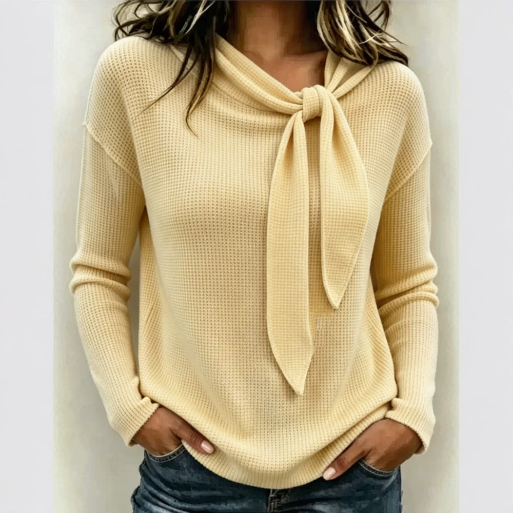 Light yellow knitted long-sleeve top with bow-knot neckline tie