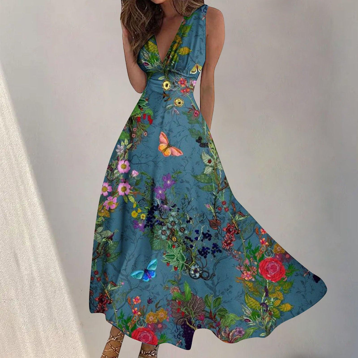 Women's Digital Printing Fashion V-neck Swing Long Dress - WOMONA.COM