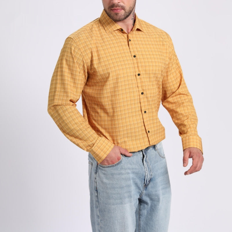 Mens yellow plaid button-front dress shirt with long sleeves and point collar