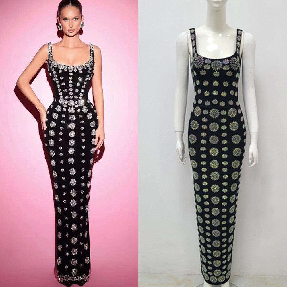 Black Sleeveless U-neck Rhinestone Elegant Slim Bandage Dress - WOMONA.COM