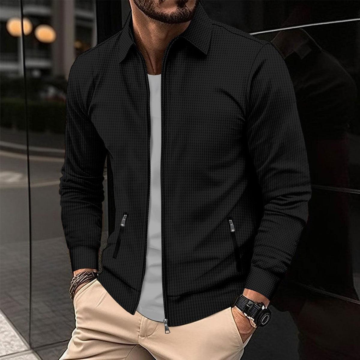 Men's slim-fit zip-front cardigan jacket with lapels, black, zipper pockets