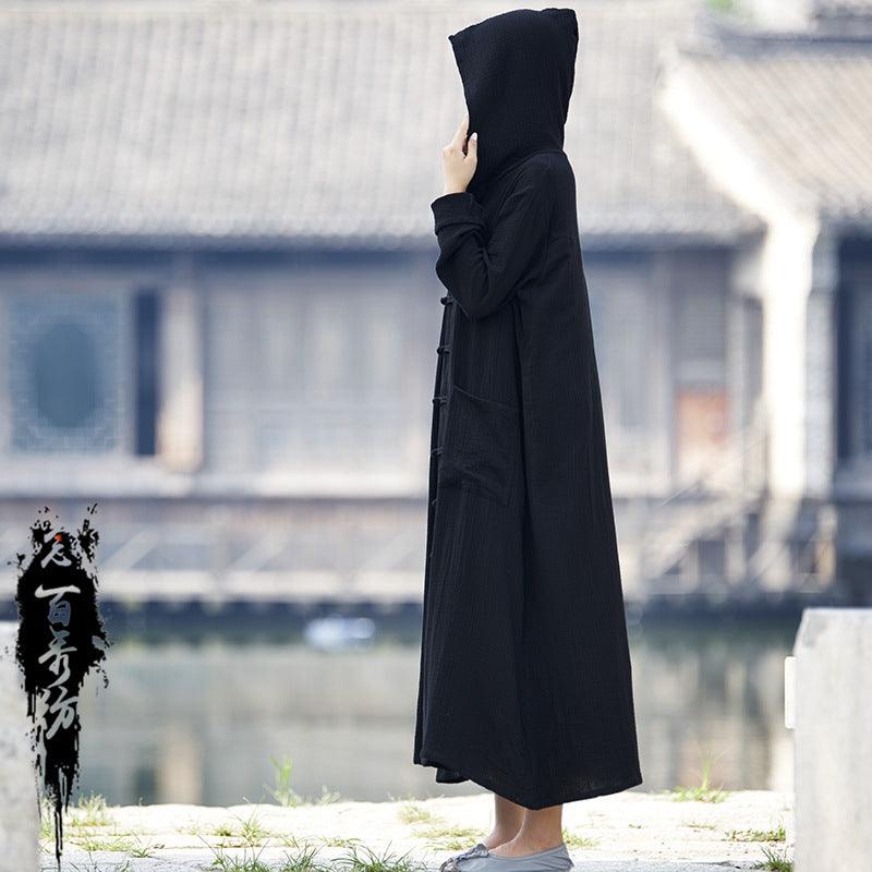 Hooded cloak robe overcoat, blackish long silhouette with front buttons