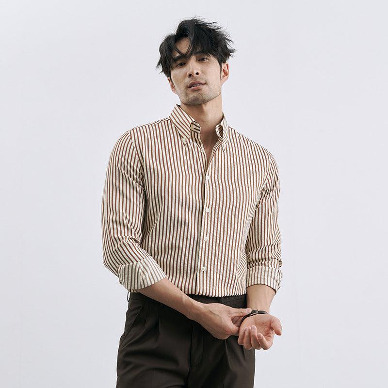Men's striped button-up shirt, brown and white, long sleeves, button front.