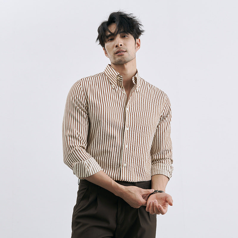 Camisa de negocios informal de estilo coreano con rayas verticales y estilo moderno de Pu Shuai para hombre