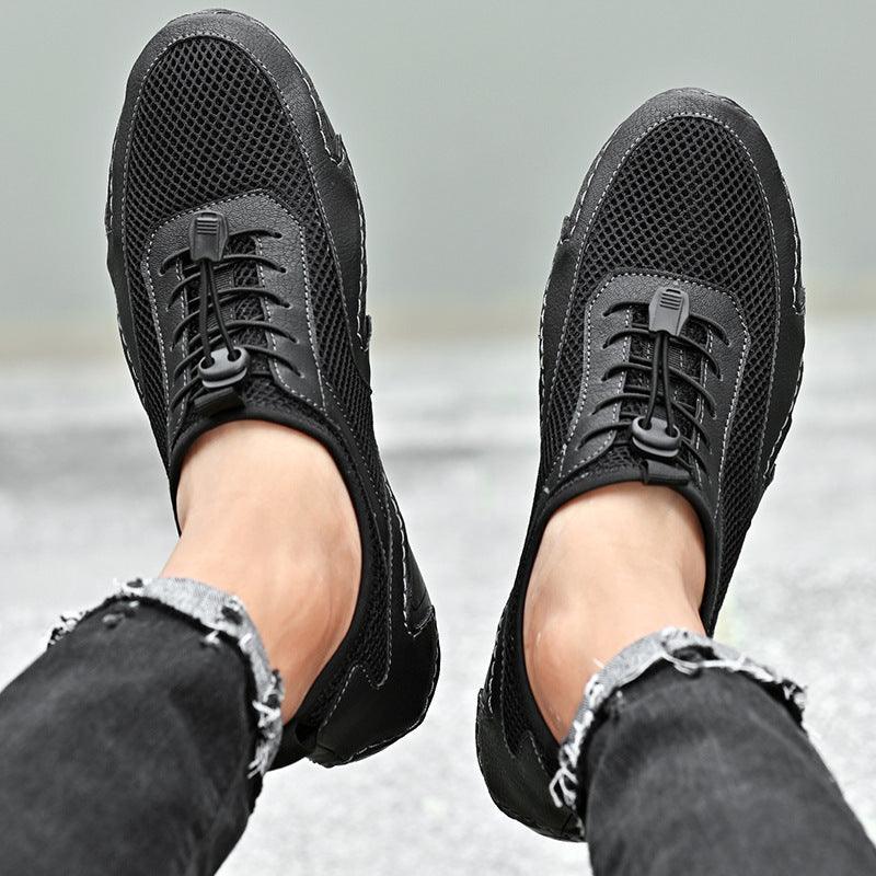 Men's hollow leather casual shoes, black mesh upper with lace-up and textured sole