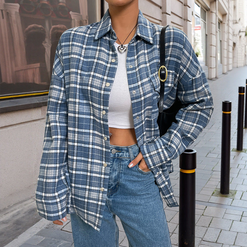 Women's lightweight blue plaid shirt jacket