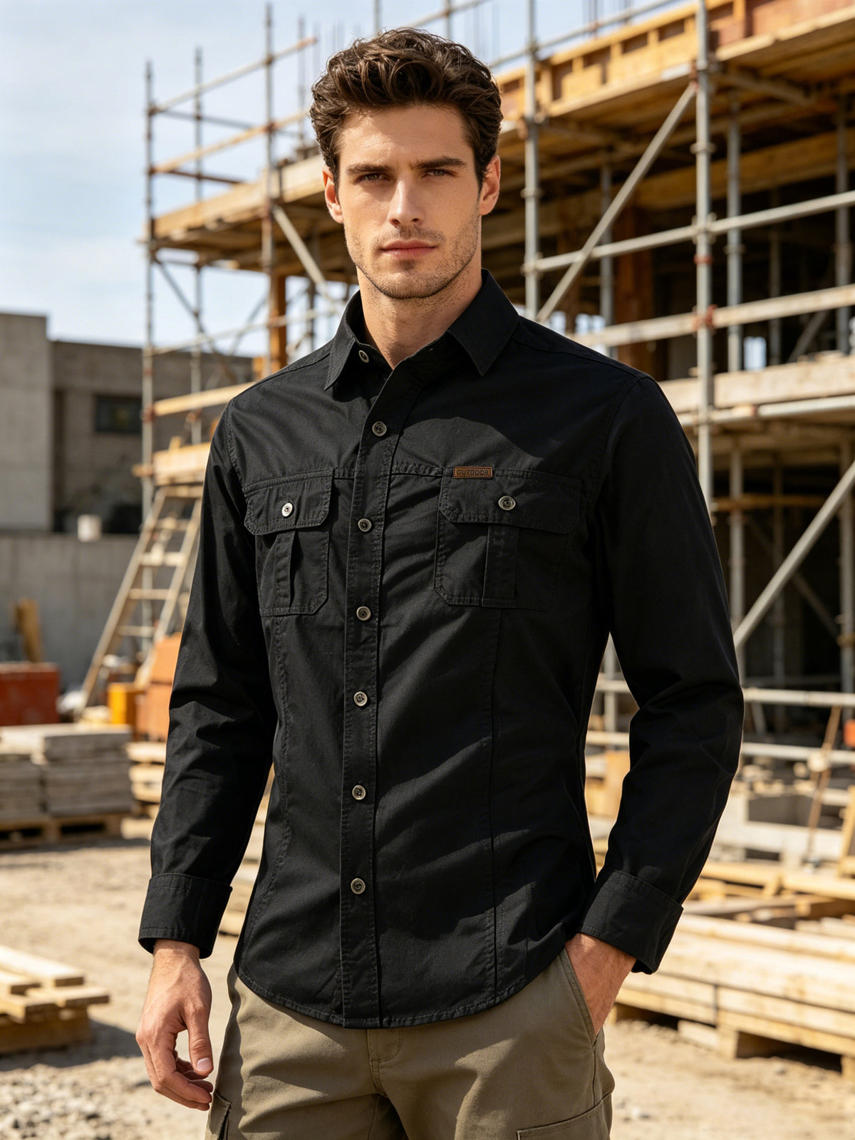 Men's loose long-sleeve work shirt, black, button front with two chest pockets