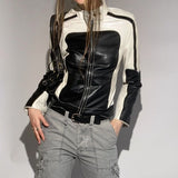 Patchwork Leather Jacket Slim Collared Casual - WOMONA.COM