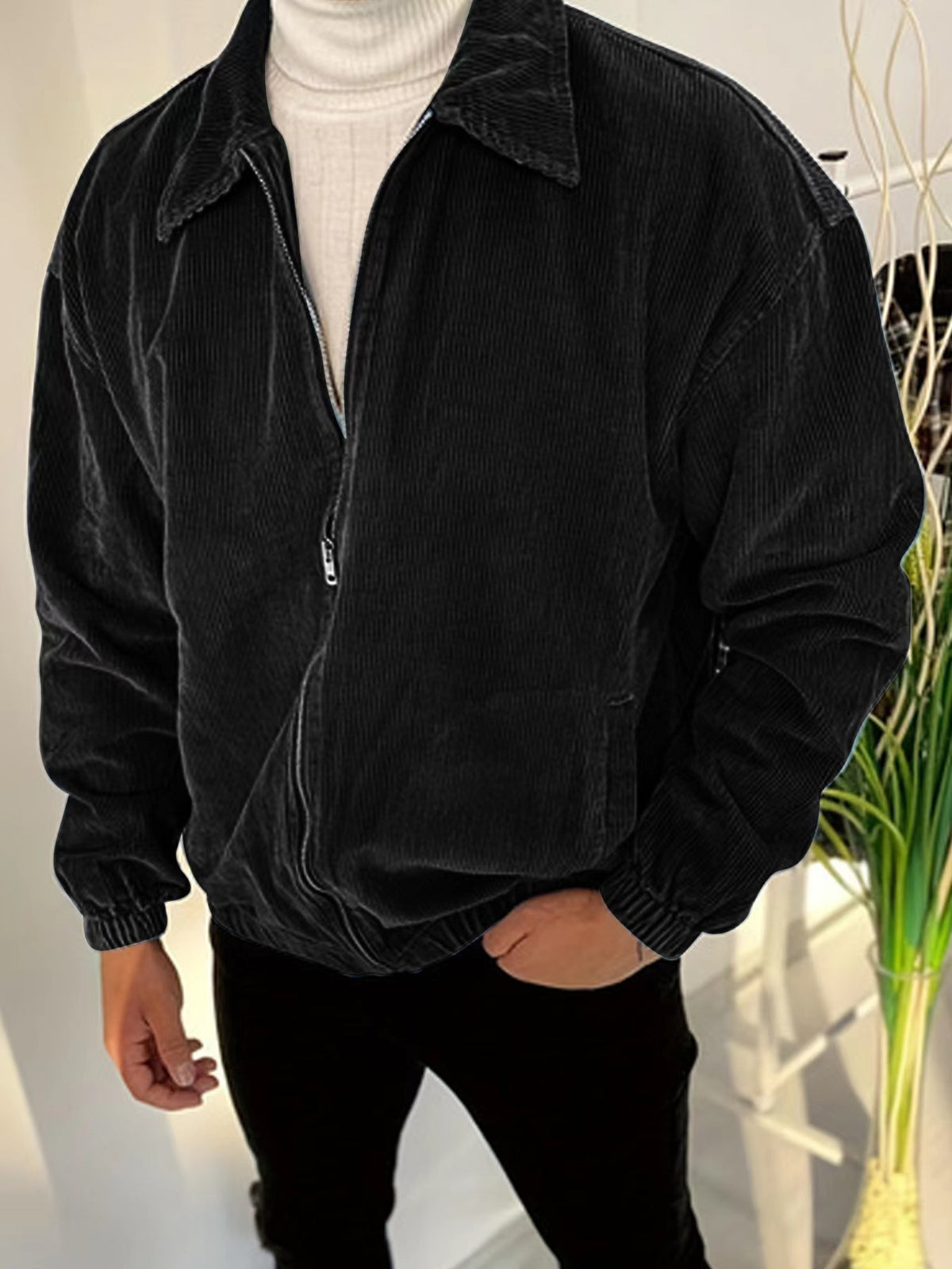 Men's Campus-Style Corduroy Zip Jacket, Black - product view 4