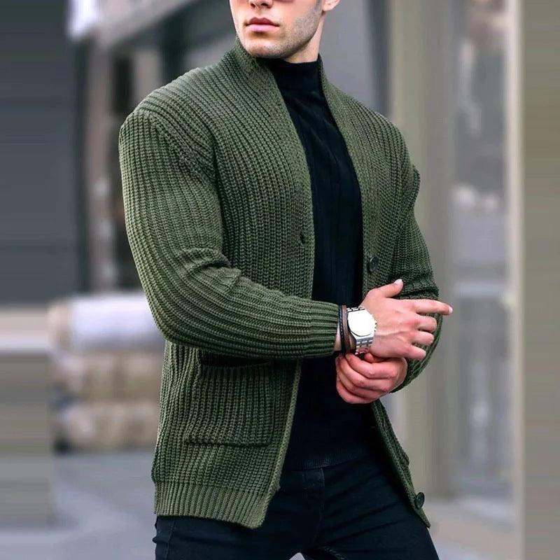 Men's dark green knit cardigan sweater with button front and patch pocket