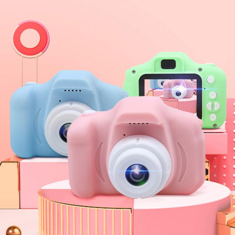 Kids digital cameras with cartoon body, pink front lens with blue and green models