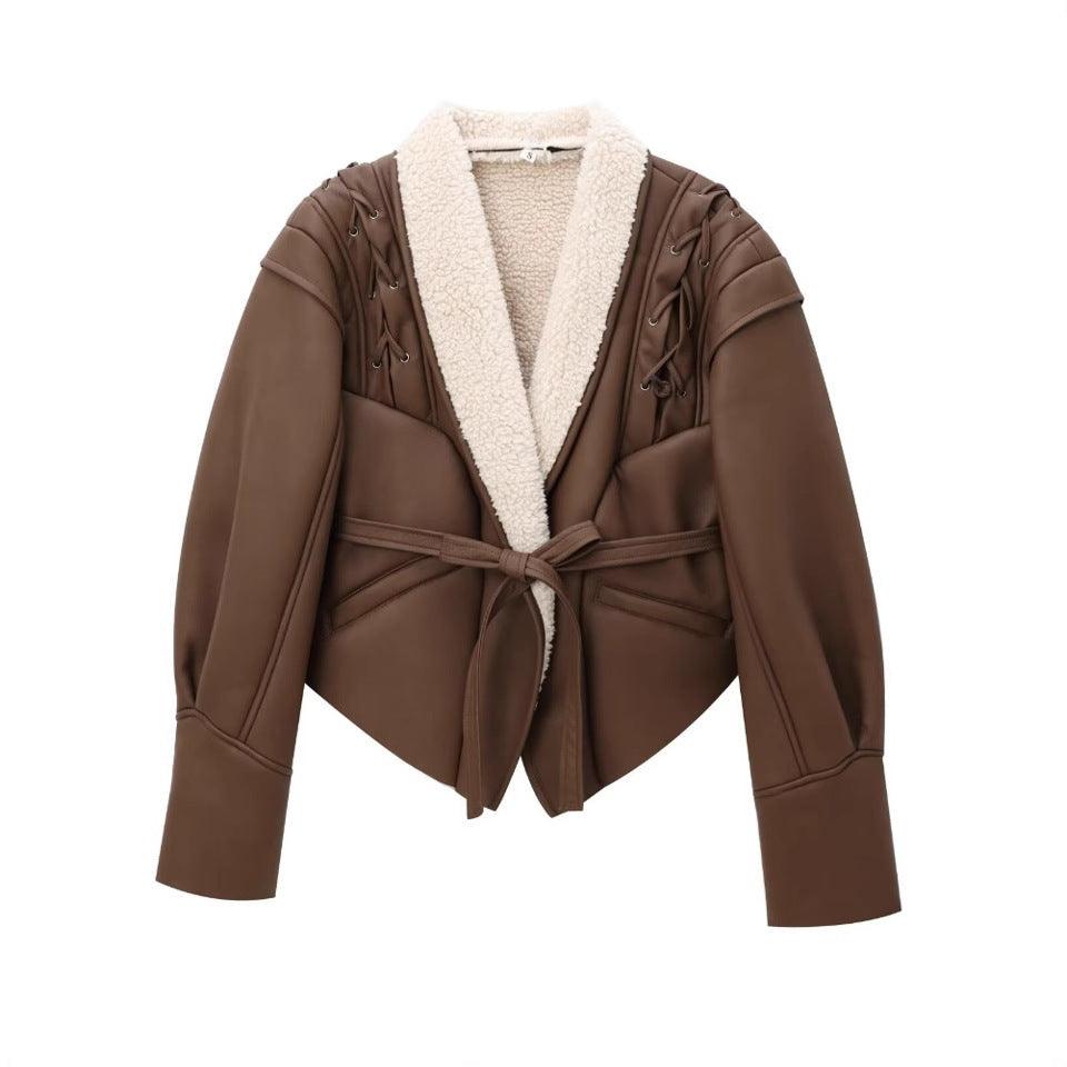 Women's retro lace-up jacket coat in dark brown with sherpa-lined V collar