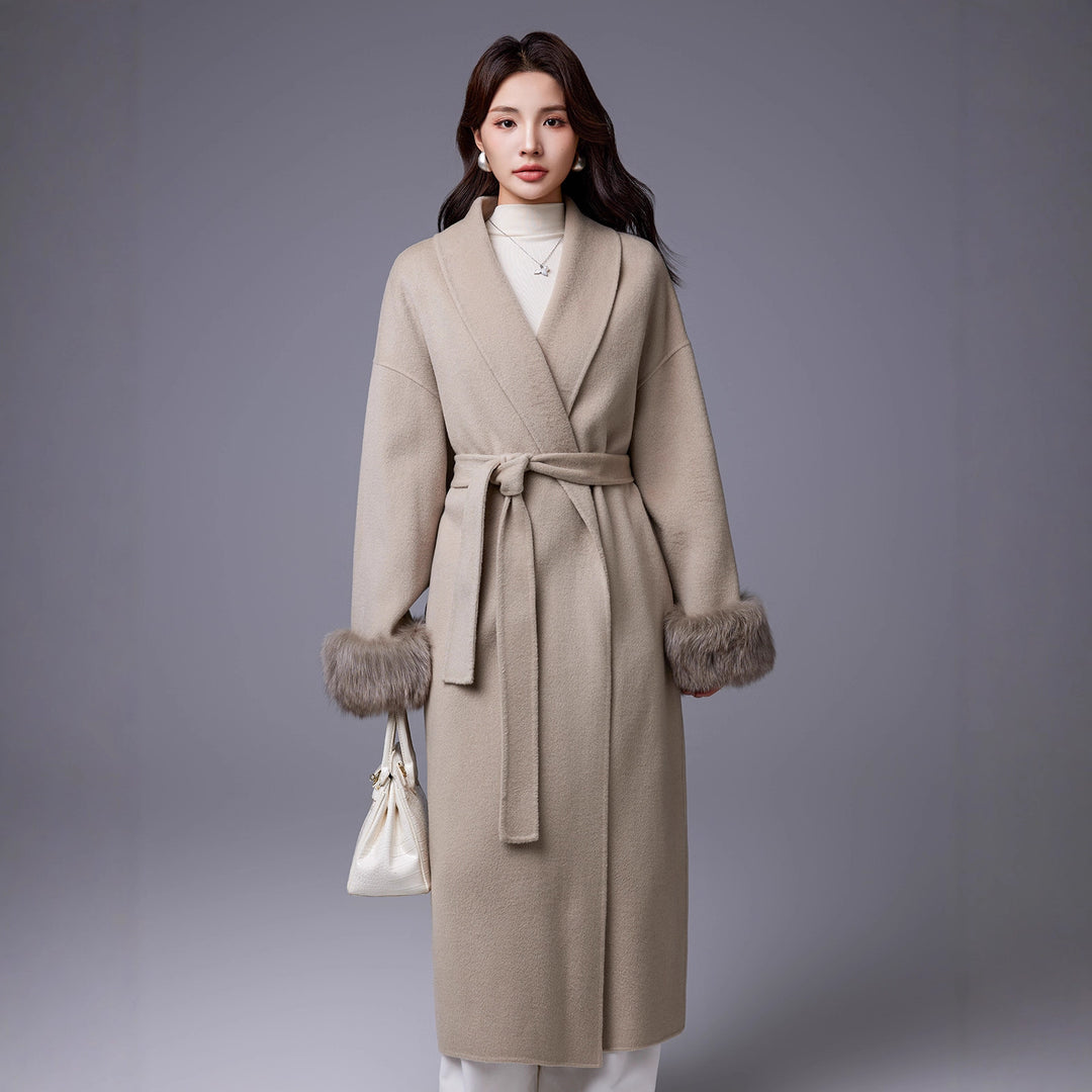 Women's merino wool belted coat with plush cuffs
