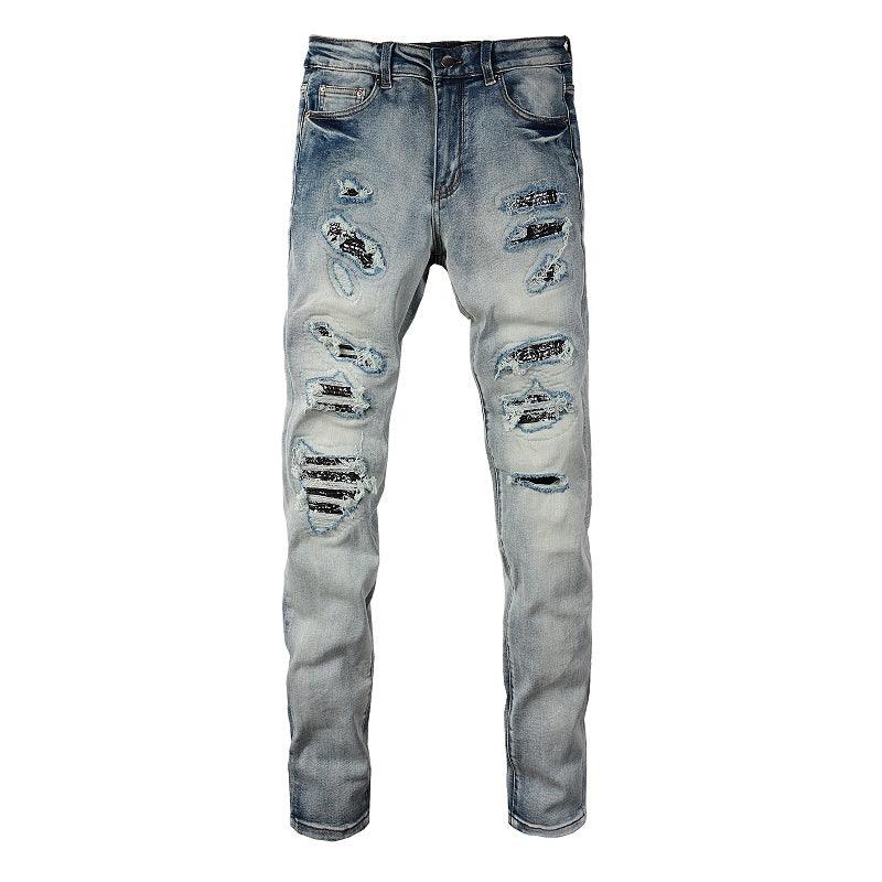 Light Color Printed Patch Elastic Slim Fitting Jeans For Men - WOMONA.COM