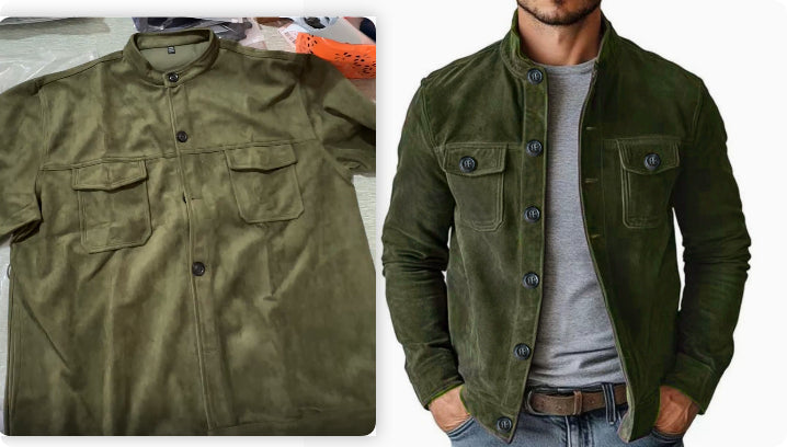 Men's Multi-Pocket Faux Suede Field Jacket, Army Green - product view 6