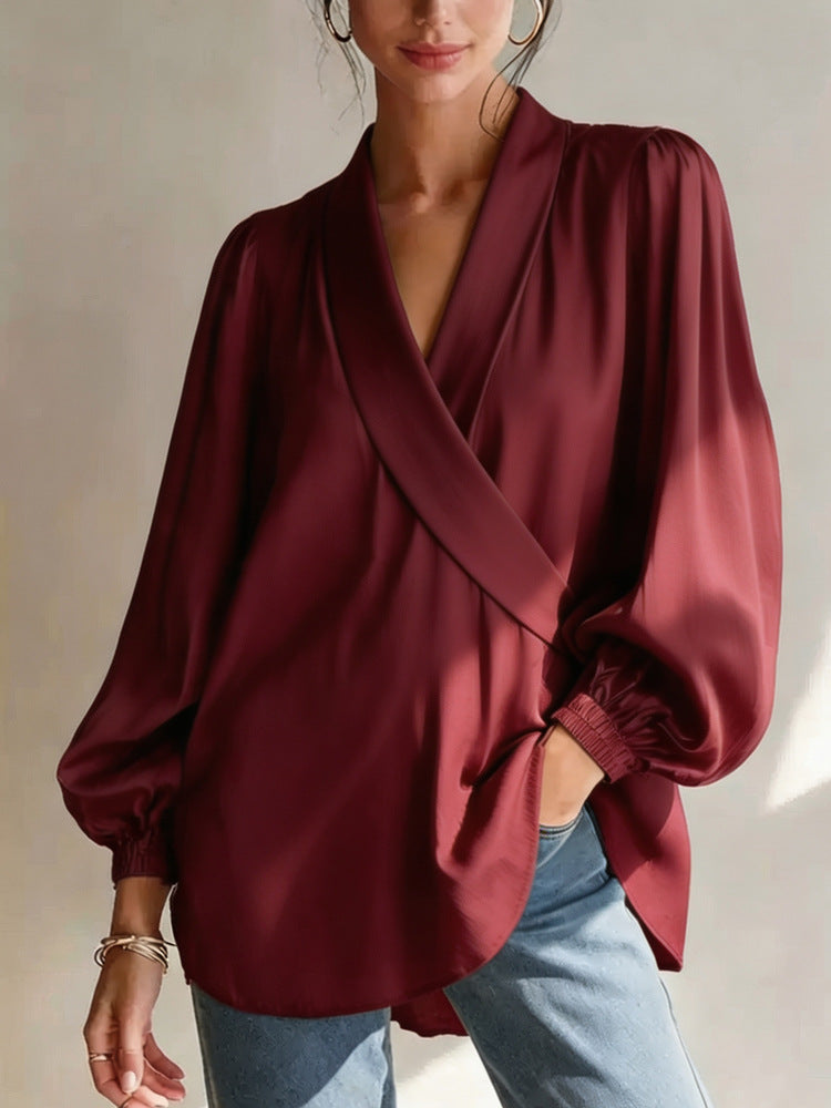 Women's casual wine v-neck long-sleeve wrap top with gathered cuffs and tie-front knot