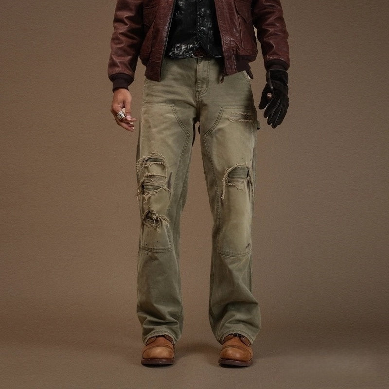Olive stretch slim straight pants with ripped knees and large front pockets