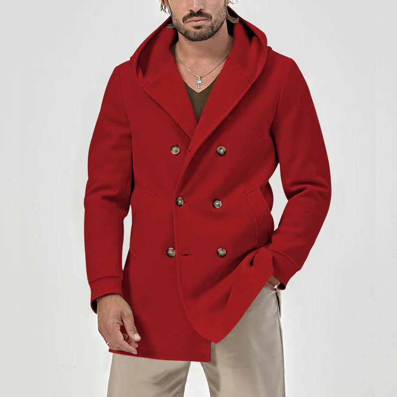 Women's hooded double-breasted mid-length trench coat