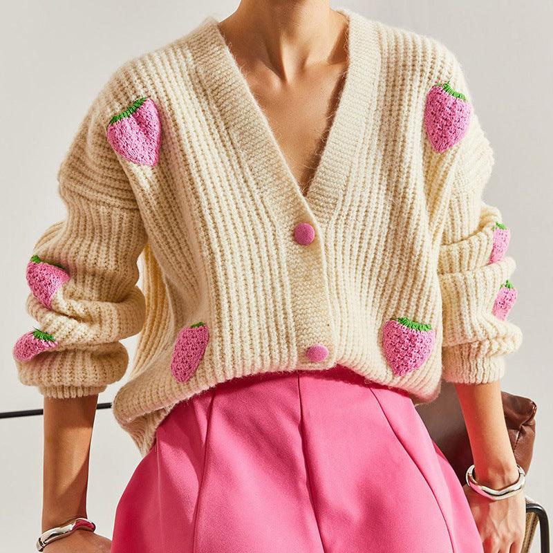 Sweet V-neck Beige Decorative Cardigan Sweater - WOMONA.COM