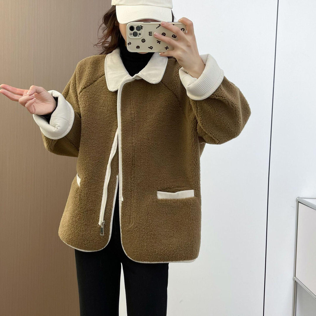 Women’s contrast lamb wool coat, olive-brown with cream collar, cuffs, side pockets