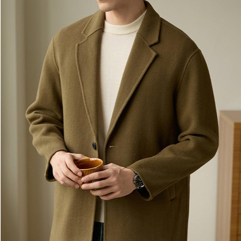 Coffee thermal wool blazer-collar coat, long sleeves with button front