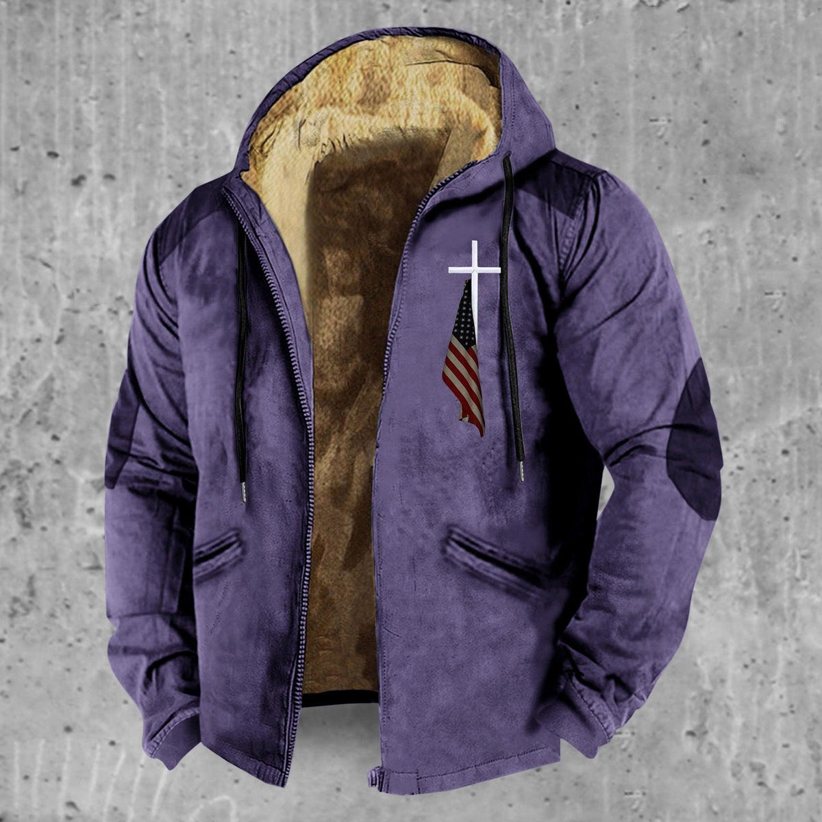 Purple hooded zipped padded cotton jacket with tan fleece lining and flap pockets