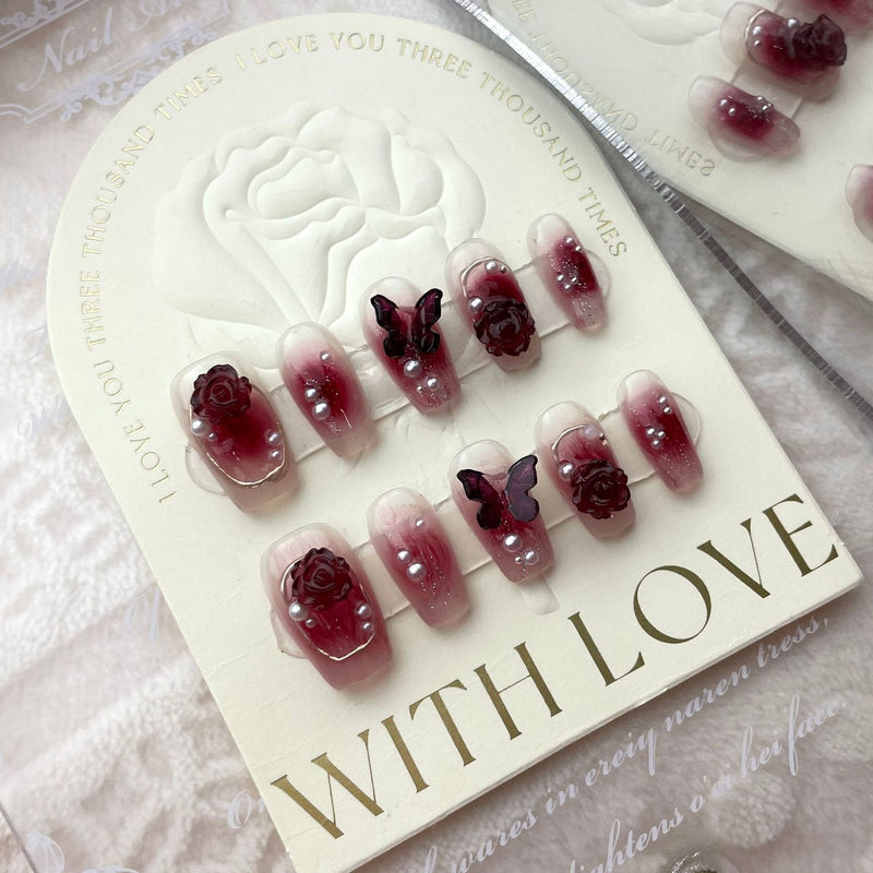 Wine Red Camellia Butterfly Fake Nails - WOMONA.COM