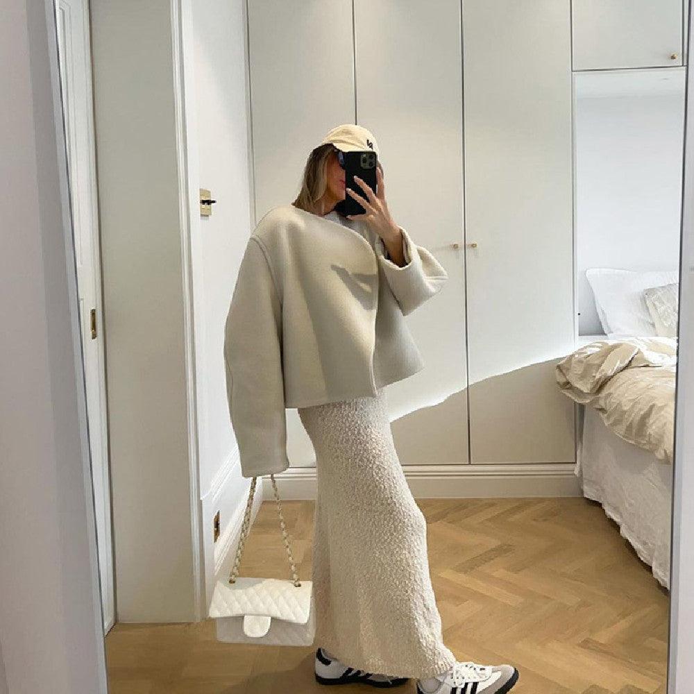 Women's coffee wool coat, cropped boxy fit with long sleeves and wide collar