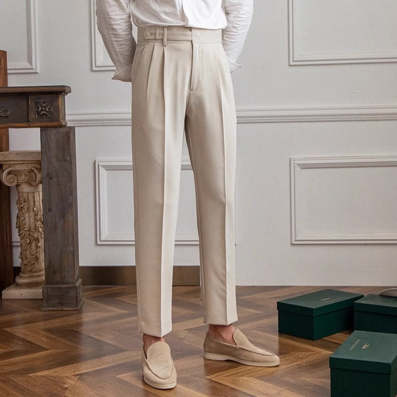 Beige straight-leg casual pants with belt loops and front pleats
