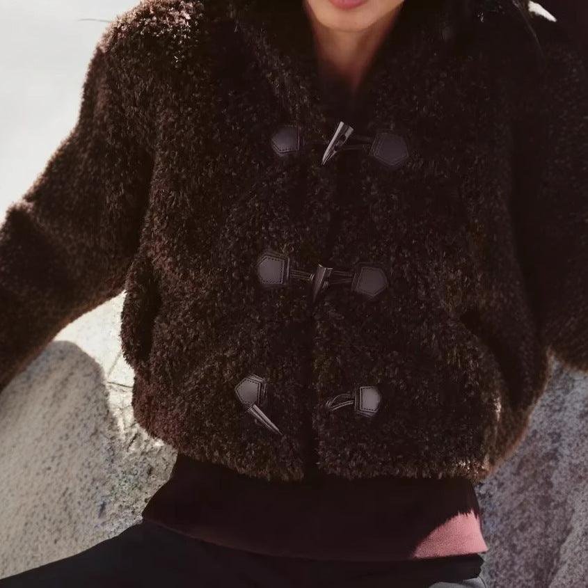 Brown faux fur button coat with dark toggle closure and front pockets