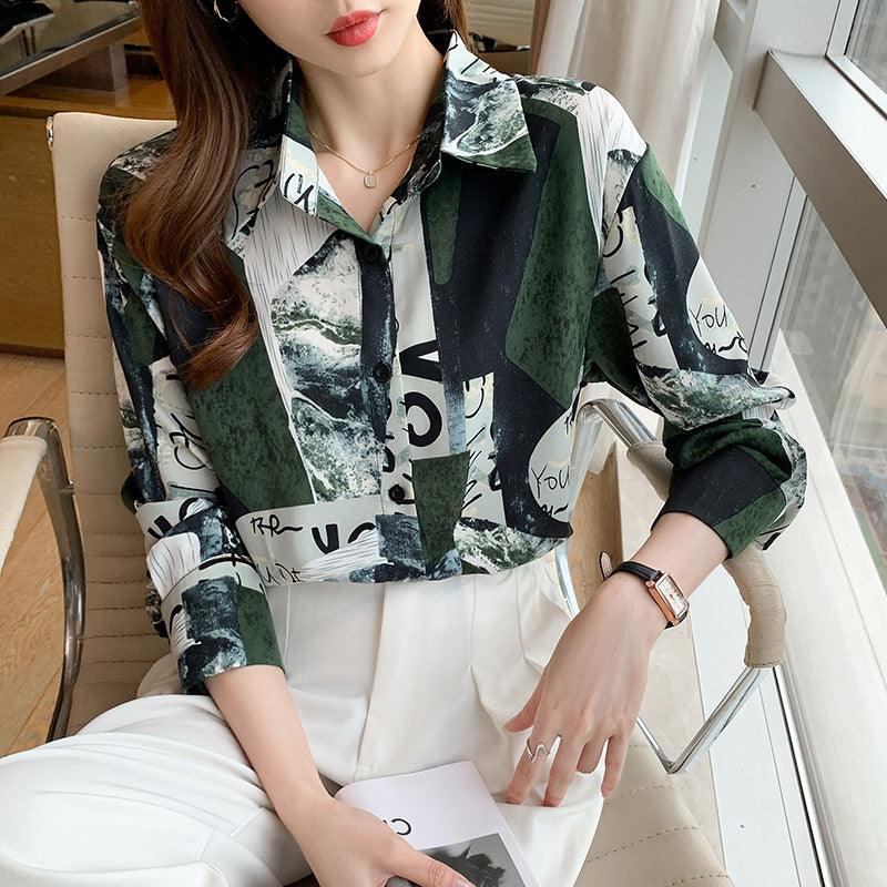 Printed Long-sleeved Shirt Women Loose Design Blouse - WOMONA.COM
